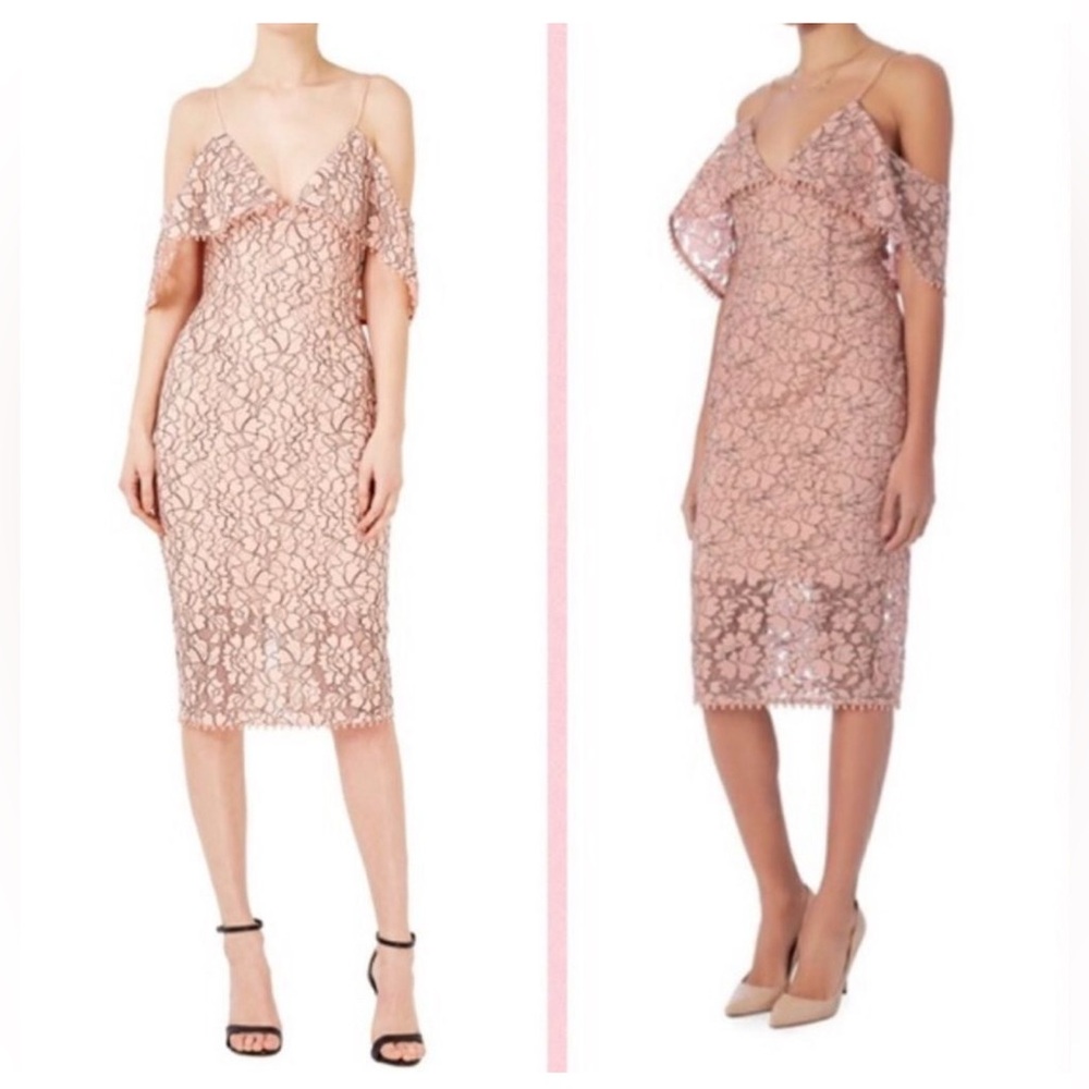 Nicholas Pink Basque Lace Off the Shoulder Midi Dress